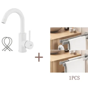 Auralum max Robinet Lavabo Blanc Rotation 360°,Barboteur démontable,Eau froide/chaude+Porte Serviette Salle Bain Adhésif/P...