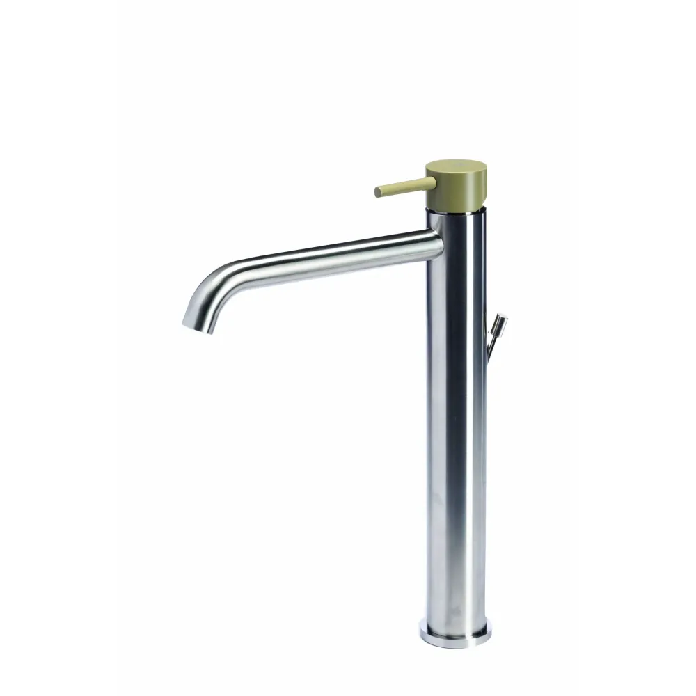 Robinet mitigeur lavabo haut avec vidage en acier inox finition brossée avec poignée couleur olive Tubico Colorado