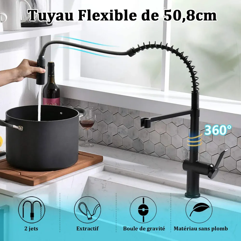 APPASO Robinet de Cuisine Extractif Mitigeur d'Évier à Ressort en Laiton Massif sans Contact Noir Mat