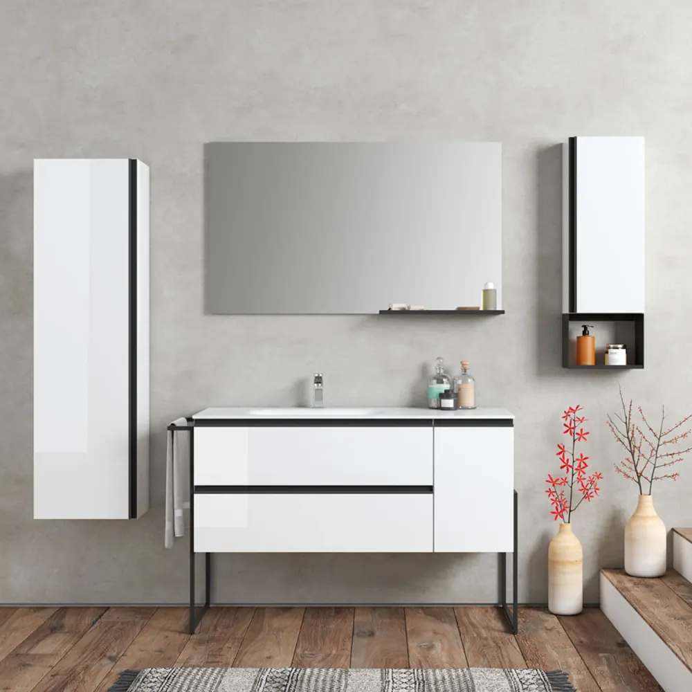 Composition de meubles de salle de bain avec lavabo, colonne, meuble suspendu et miroir modèle York01 200 cm Blanc Brillant
