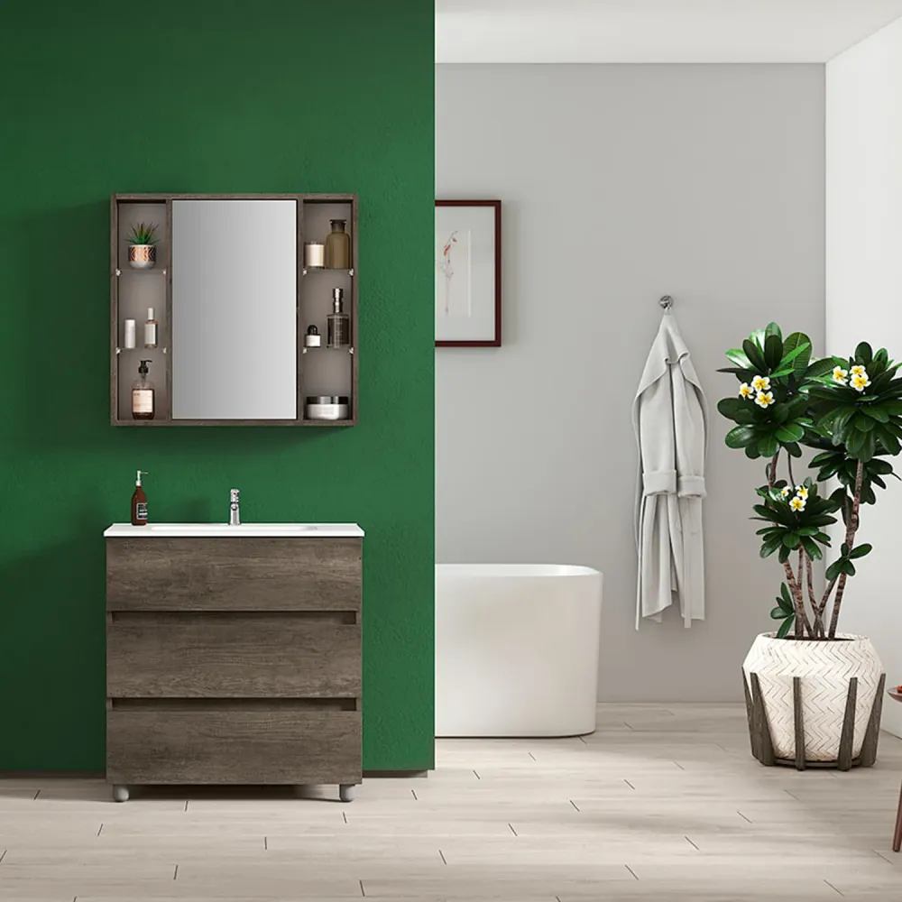 Composition de salle de bain avec lavabo et miroir contenant modèle KoraXL04 80 cm Chêne Obscur