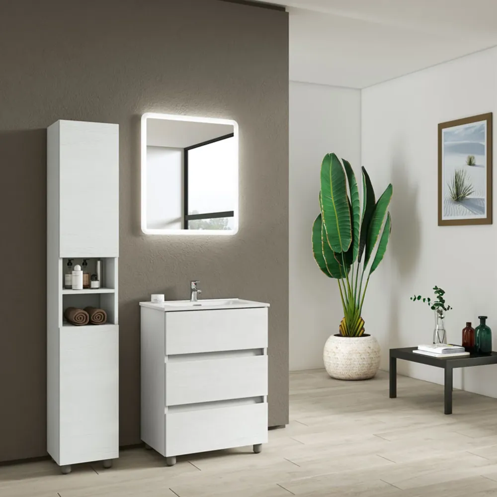 Composition de salle de bain avec lavabo miroir rétroéclairé et colonne modèle KoraXL02 90 cm Blanc Frêne
