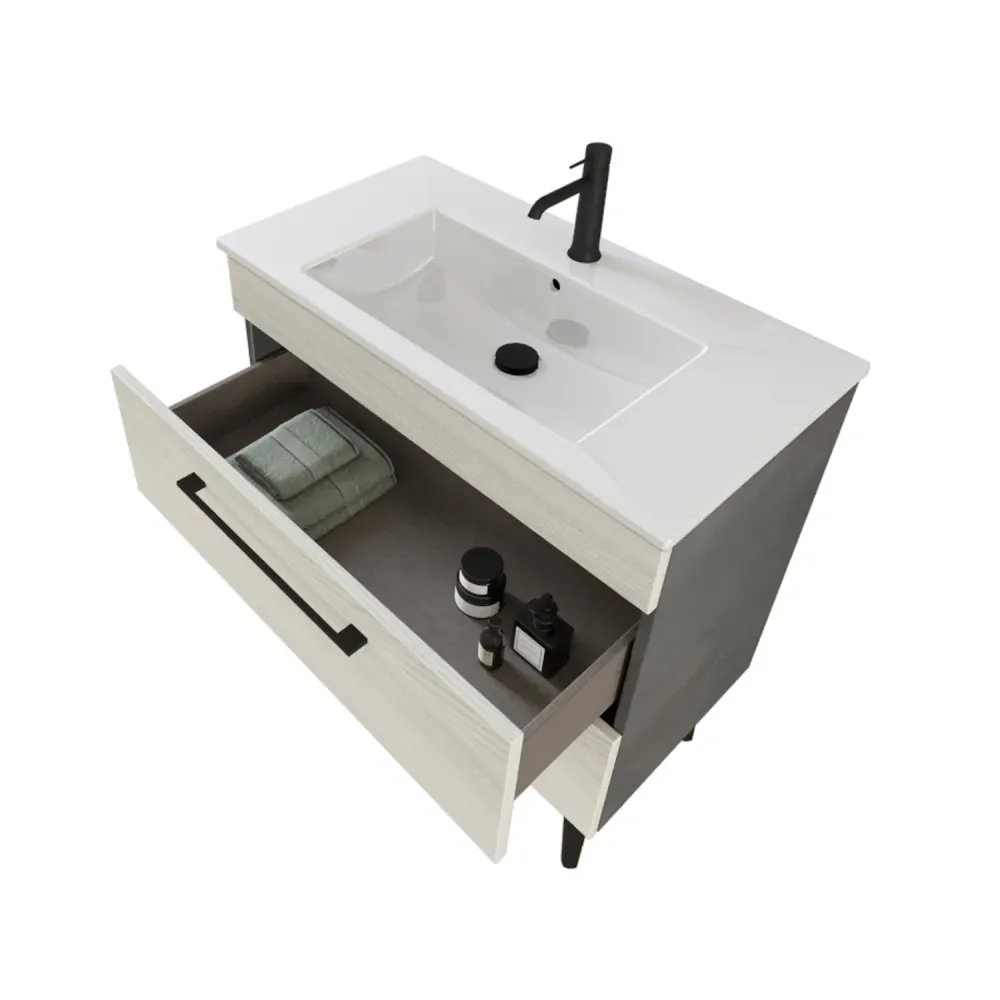 Composition de salle de bain suspendue Smack à 2 tiroirs 80x62 avec lavabo, miroir avec lampe LED orme blanc et ciment
