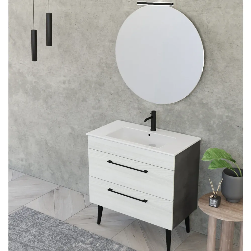 Composition de salle de bain suspendue Smack à 2 tiroirs 80x62 avec lavabo, miroir avec lampe LED orme blanc et ciment