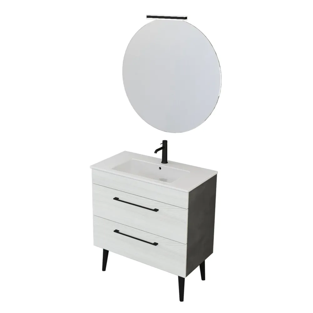 Composition de salle de bain suspendue Smack à 2 tiroirs 80x62 avec lavabo, miroir avec lampe LED orme blanc et ciment