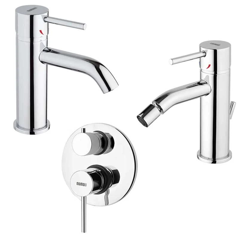 Ensemble de robinets de douche avec déviateur, lavabo et bidet avec vidage en laiton chromé collection Pico de Mamoli Rubi...