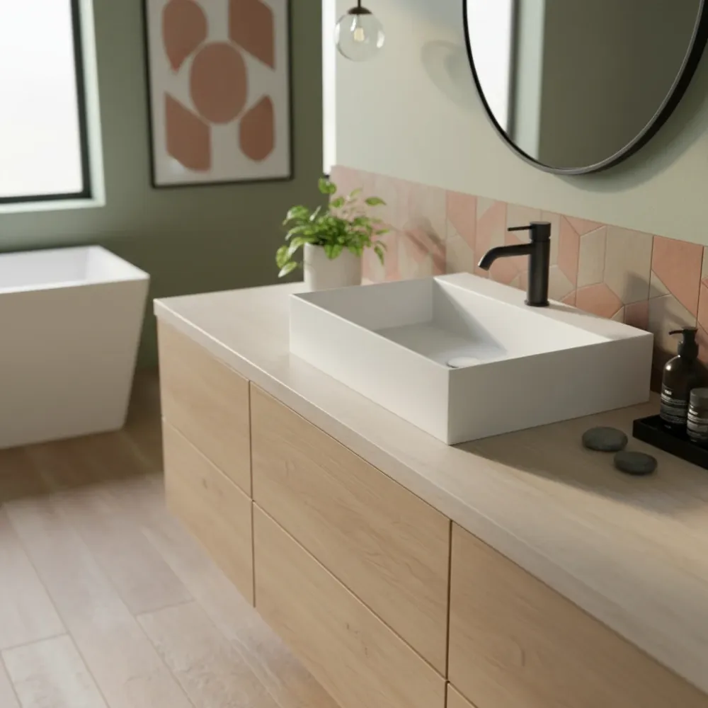Lavabo à poser/suspendu carré de Ceramica Azzurra série Elegance 65x45 cm avec plan à gauche et trou robinetterie
