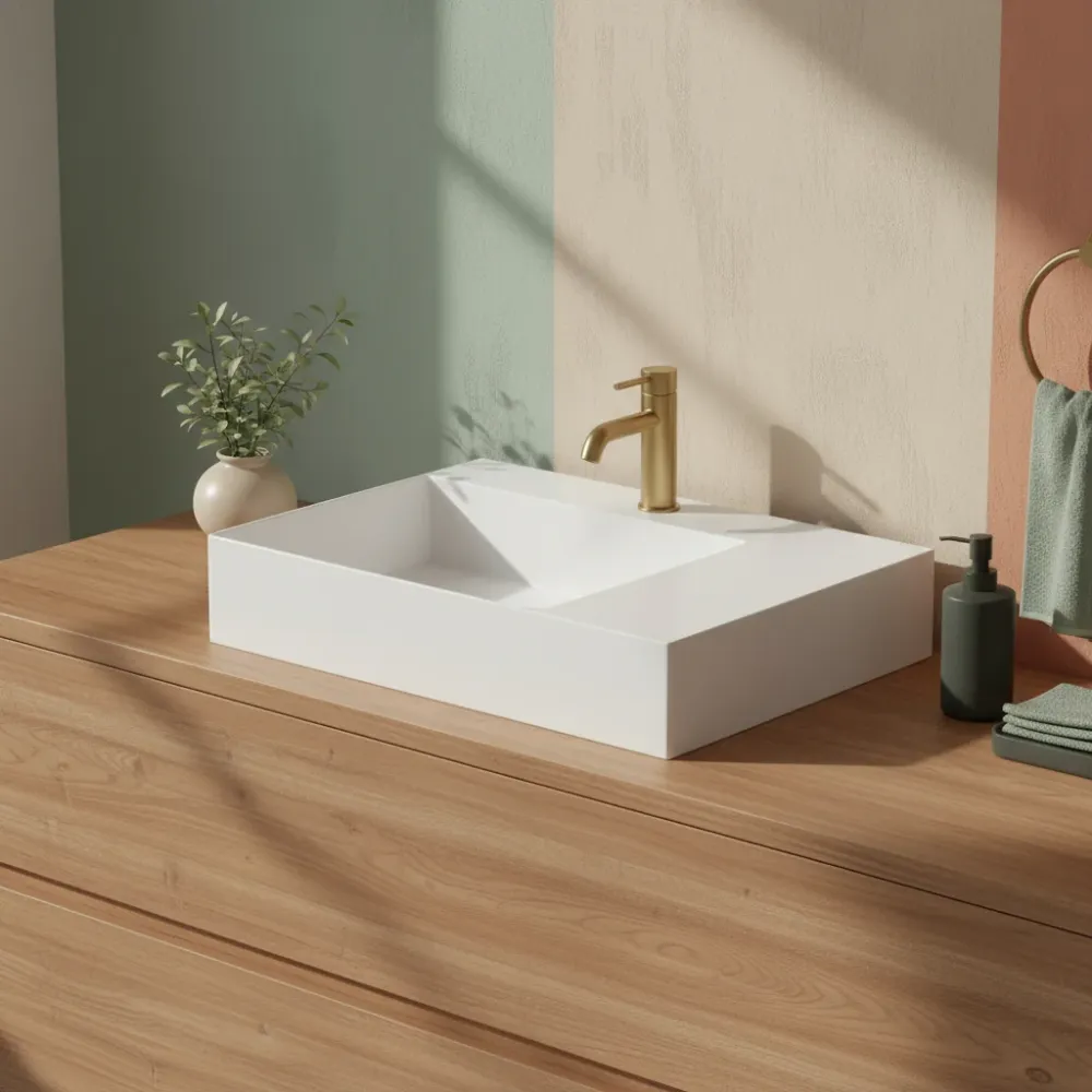 Lavabo à poser/suspendu carré de Ceramica Azzurra série Elegance 65x45 cm avec plan à droite et trou robinetterie