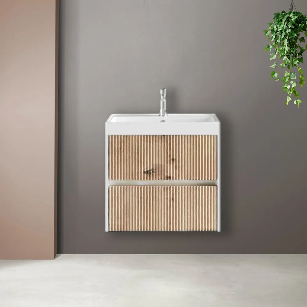 Meuble de salle de bain cannelé à installation suspendue avec lavabo 60 cm couleur chêne or - Cubi&Co Collection Intègre