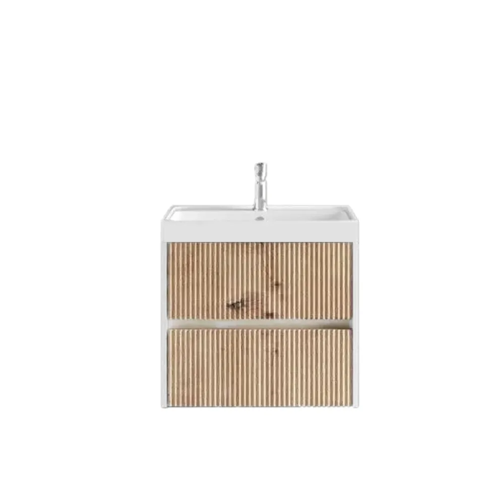 Meuble de salle de bain cannelé à installation suspendue avec lavabo 60 cm couleur chêne or - Cubi&Co Collection Intègre