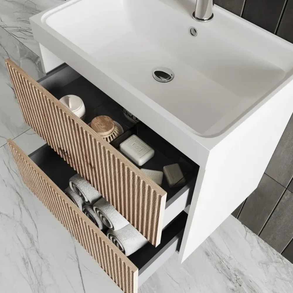 Meuble de salle de bain cannelé à installation suspendue avec lavabo 60 cm couleur chêne or - Cubi&Co Collection Intègre