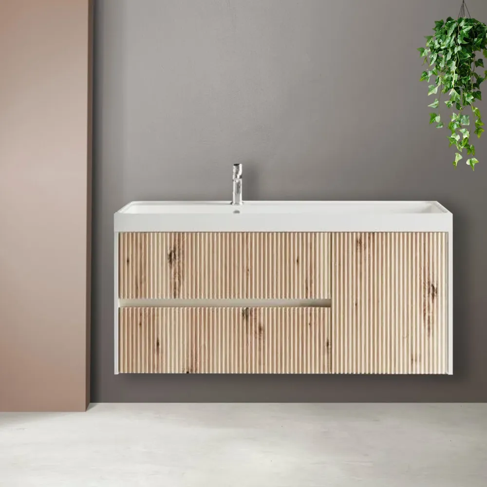 Meuble de salle de bain cannelé à installation suspendue avec lavabo 120 cm couleur chêne or - Cubi&Co Collection Naturel