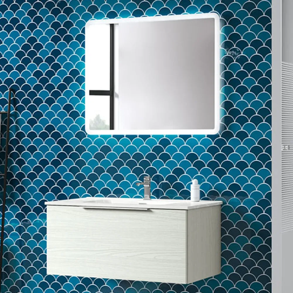 Meuble de salle de bain suspendu modèle Portland04 90 cm avec lavabo et miroir couleur Aralie