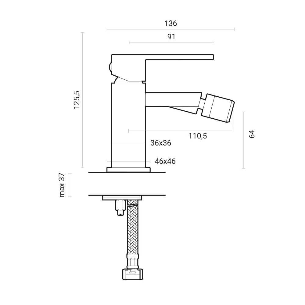 Mitigeur bidet monocommande RubiFlux Square laiton chromé avec bonde de vidage click-clack