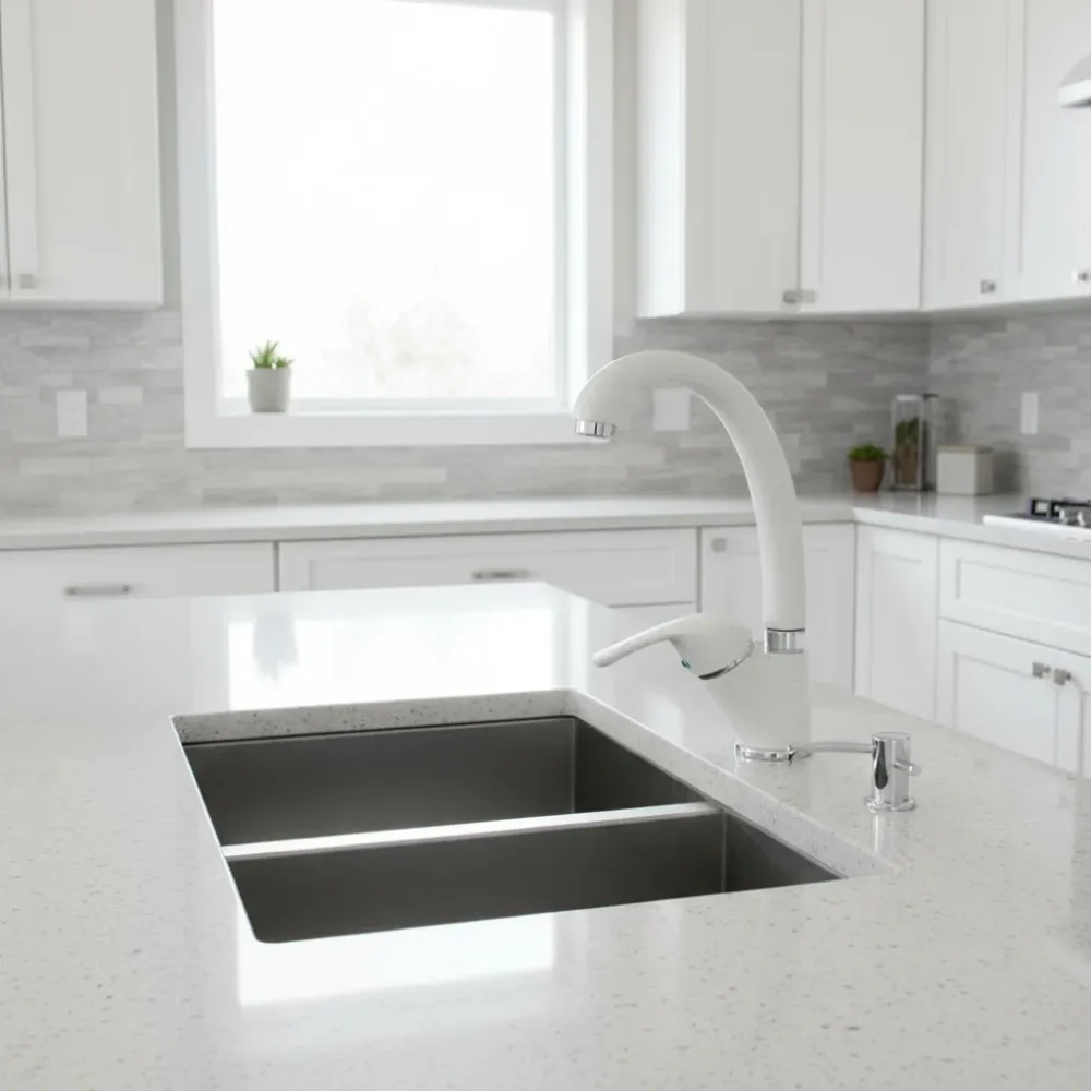 Mitigeur monocommande lavabo cuisine avec bec pivotant granit blanc