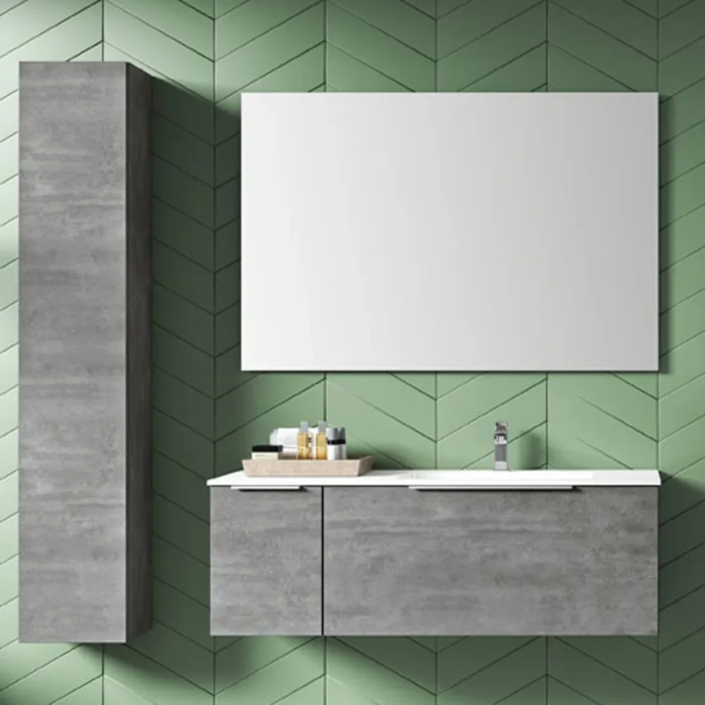 Mobile de salle de bain suspendu modèle Portland03 150 cm avec lavabo colonne et miroir couleur Ciment