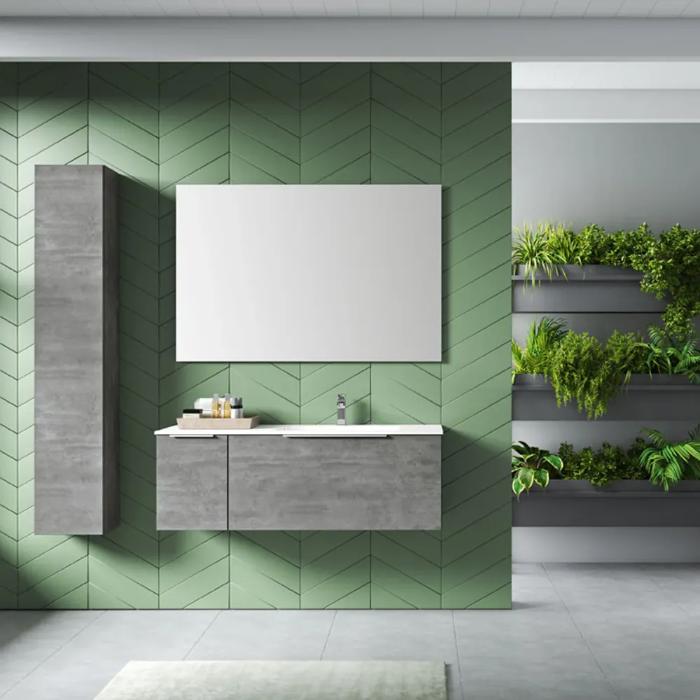 Mobile de salle de bain suspendu modèle Portland03 150 cm avec lavabo colonne et miroir couleur Ciment
