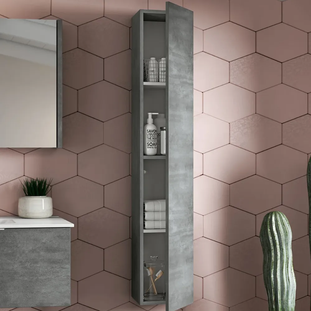 Mobile de salle de bain suspendu modèle Portland03 150 cm avec lavabo colonne et miroir couleur Ciment