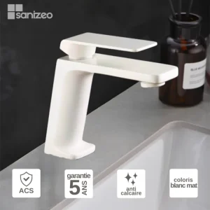 Robinet Mitigeur de Lavabo anti-calcaire Bec Bas Blanc Mat IMEX Sanizéo FIYI BDF016-1BL