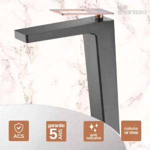 Robinet Mitigeur de Lavabo anti-calcaire Haut 17 cm Noir Mat et Or Rose IMEX Sanizéo SUECIA BDC032-3NOR
