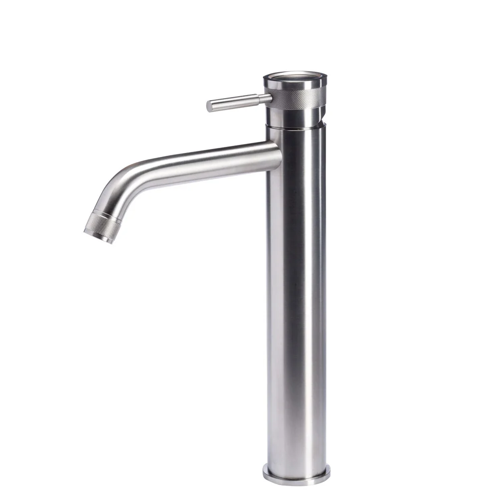 Robinet mitigeur lavabo haut en acier inoxydable 316L finition brossée sans vidage et bec avec anticalcaire
