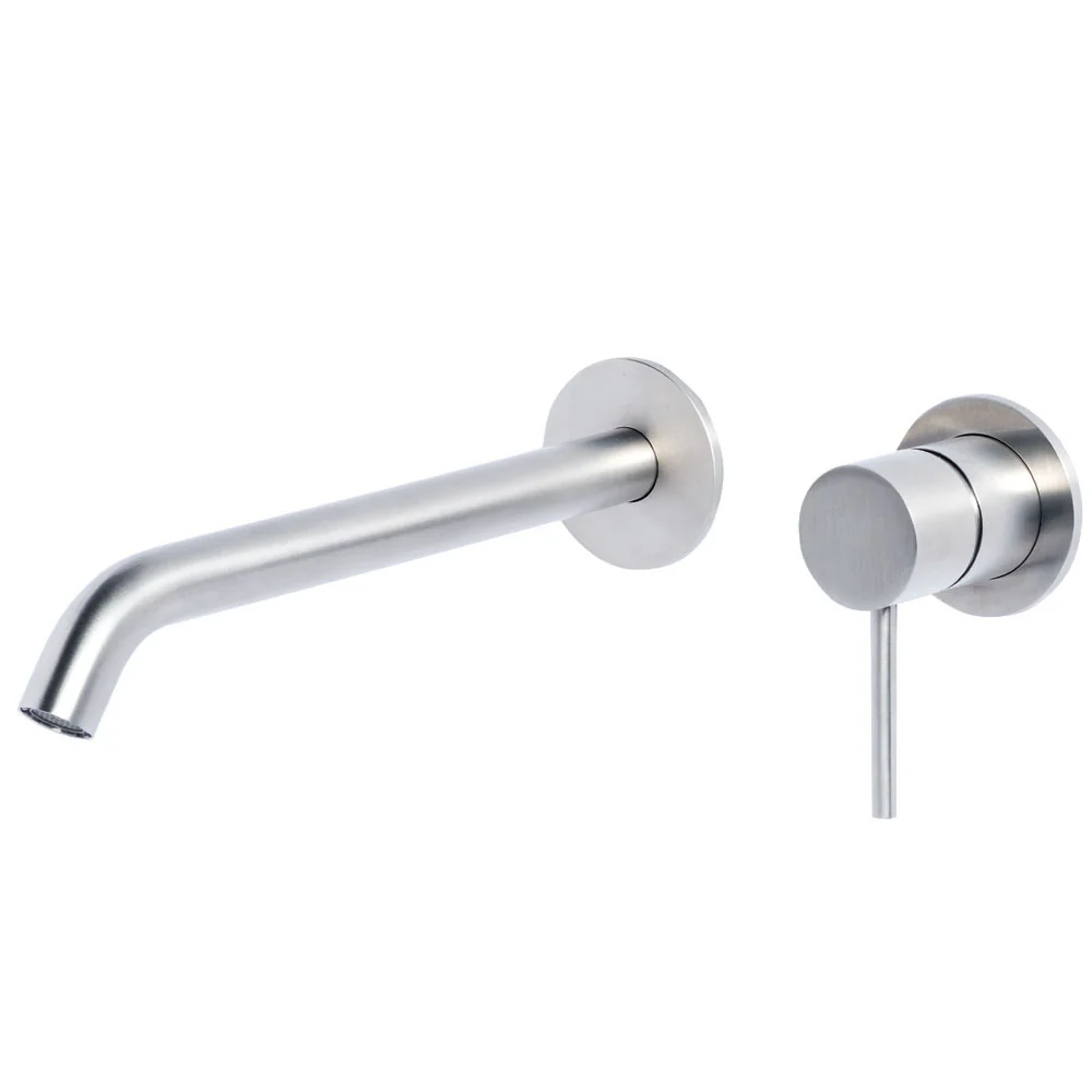 Robinet mitigeur lavabo mural avec bec grand 20 cm en acier inoxydable 316L finition brossée sans vidage Tubico Tevere