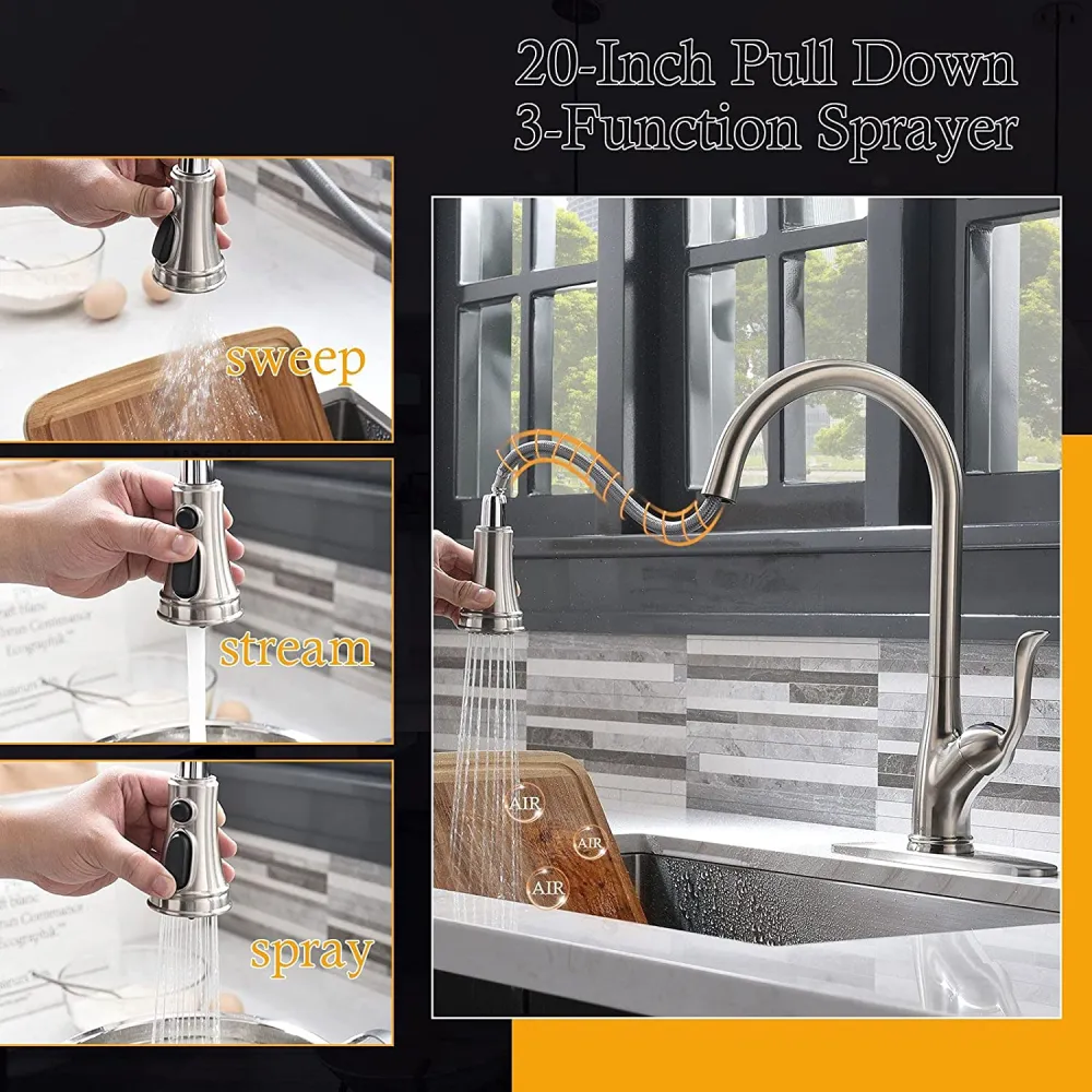 APPASO Robinet Mitigeur de Cuisine 360° Rotatif Robinet Cuisine avec Douchette 3 Jets en Inox Brossé Argent