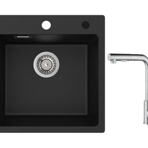 Cecipa max 45x45cm Evier Quartz Noir Evier 1 Bac en Quartz et Résine Evier de Cuisine + Mitigeur avec Douchette Extractibl...