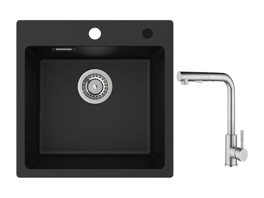 Cecipa max 45x45cm Evier Quartz Noir Evier 1 Bac en Quartz et Résine Evier de Cuisine + Mitigeur avec Douchette Extractibl...