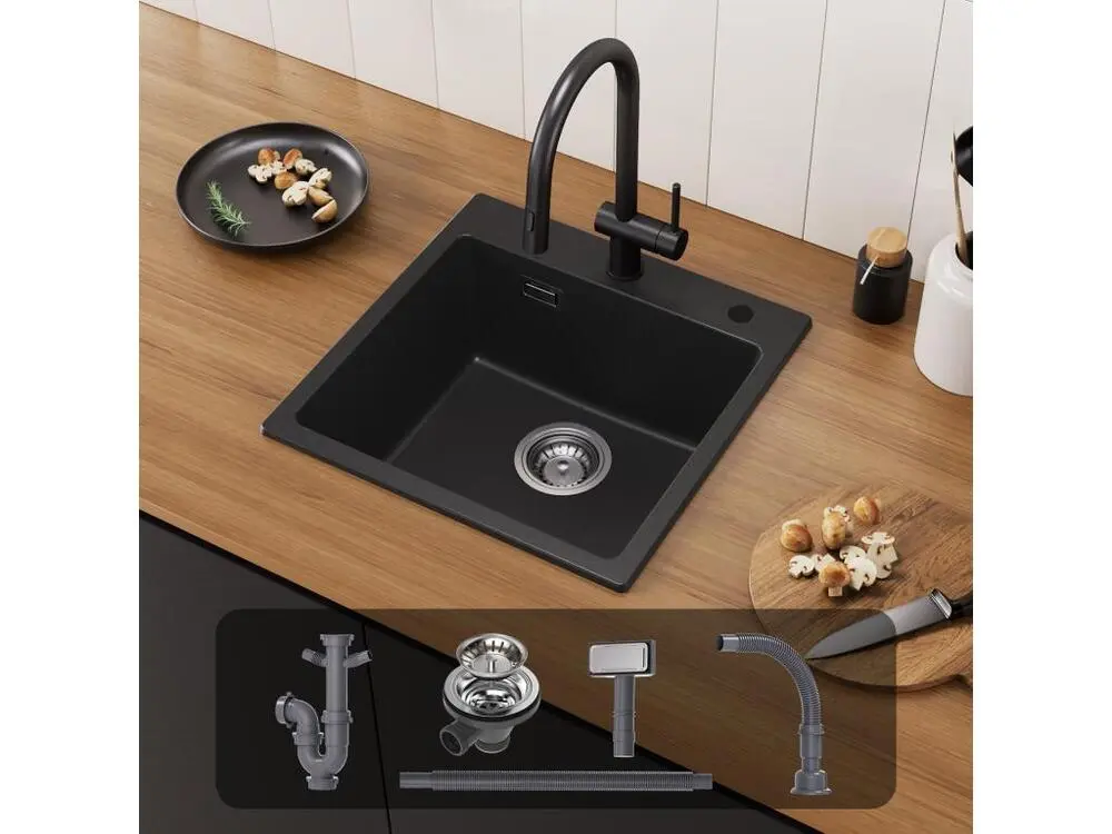 Cecipa max 45x45cm Evier Quartz Noir Evier 1 Bac en Quartz et Résine Evier de Cuisine + Mitigeur avec Douchette Extractibl...