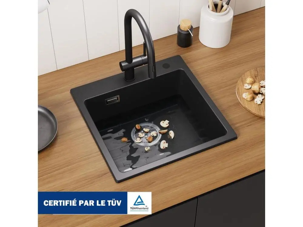 Cecipa max 45x45cm Evier Quartz Noir Evier 1 Bac en Quartz et Résine Evier de Cuisine + Mitigeur avec Douchette Extractibl...