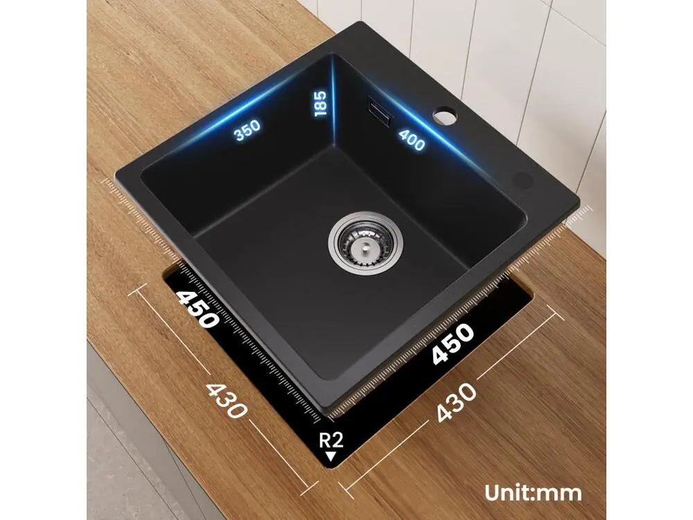 Cecipa max 45x45cm Evier Quartz Noir Evier 1 Bac en Quartz et Résine Evier de Cuisine + Mitigeur avec Douchette Extractibl...