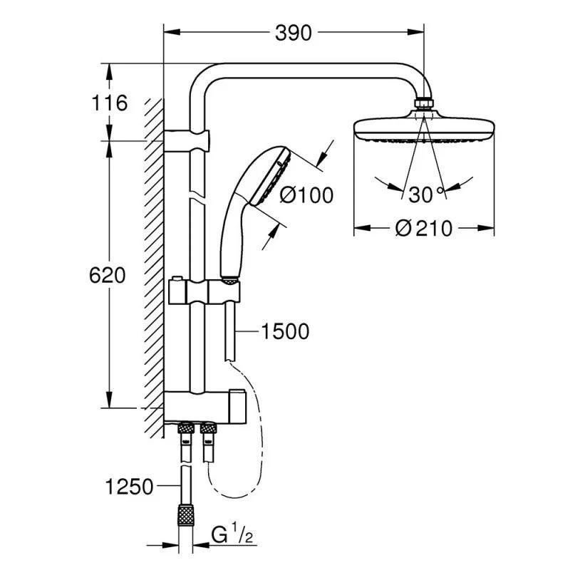 Colonne de douche inverseur manuel TEMPESTA SYSTEM 210 GROHE 26381001 - Ø21 cm + souple 125cm + douchette 1 jet - chromé