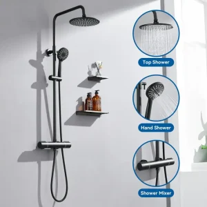 Colonne de Douche Noir avec Mitigeur Thermostatique, Mitigeur Douche avec Tête de Douche,Pommeau à Main 3 Jets,Hauteur Rég...