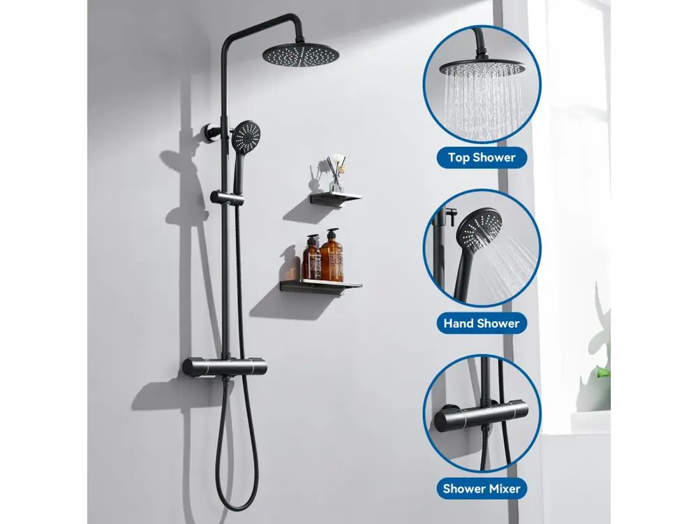 Colonne de Douche Noir avec Mitigeur Thermostatique, Mitigeur Douche avec Tête de Douche,Pommeau à Main 3 Jets,Hauteur Rég...