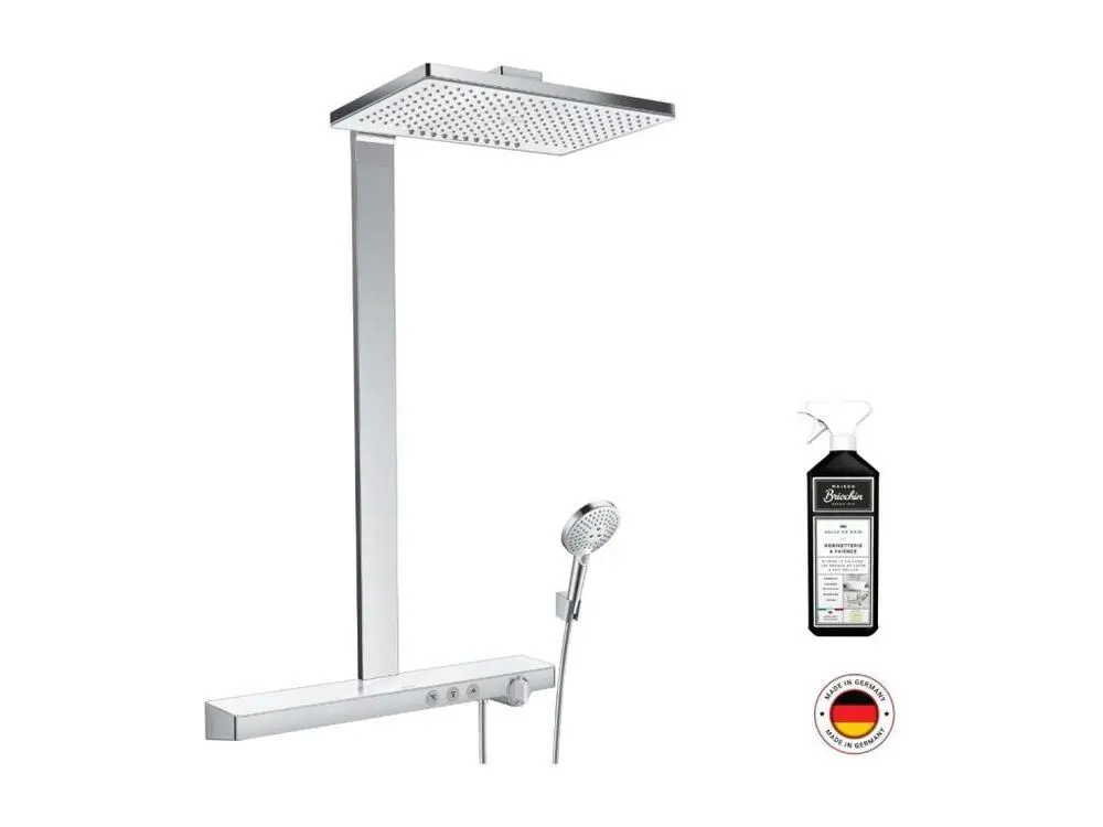 Colonne de douche thermostatique HANSGROHE Rainmaker Select 460 3 jets blanc et chromée + nettoyant Briochin