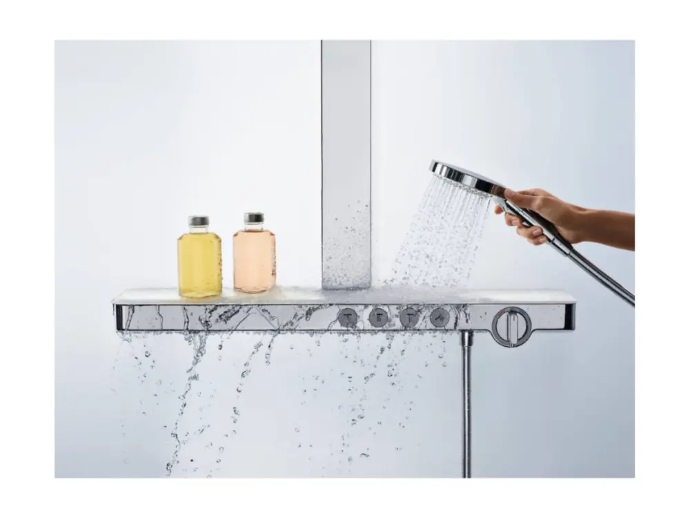 Colonne de douche thermostatique HANSGROHE Rainmaker Select 460 3 jets blanc et chromée + nettoyant Briochin