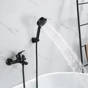 Mitigeur Baignoire Noir,Robinet Baignoire avec Douchette 5 Jets/Flexible de Douche (1.5m) Support, Mitigeur monocommande D...
