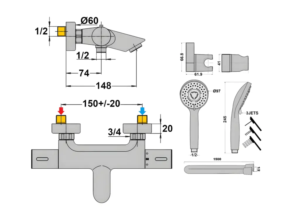 Mitigeur bain douche thermostatique PAINI Ruby + Minikit douchette 3 jets rond Ruby Noir mat
