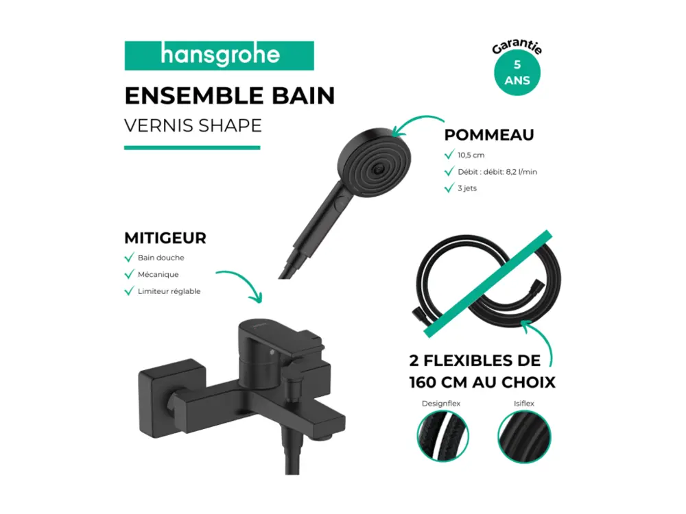 Pack mitigeur bain douche HANSGROHE Vernis Shape + Souple Designflex + Pommeau HANSGROHE Pulsify Select 105 3 jets noir mat