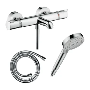 Pack mitigeur bain thermostatique HANSGROHE Ecostat Comfort + Polyvalent Isiflex 1,6m + Pommeau Vernis Blend EcoSmart 2 je...