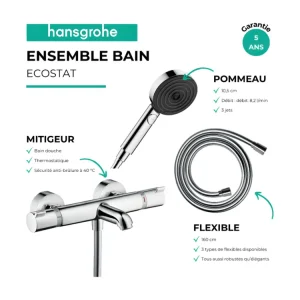 Pack mitigeur bain thermostatique HANSGROHE EcostatComfort + Élastique Isiflex 1,6m + Pommeau Pulsify Select EcoSmart 3 je...