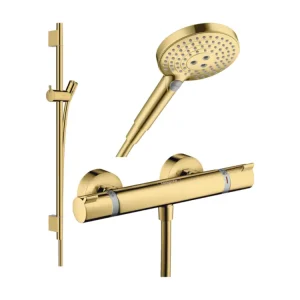 Pack mitigeur douche thermostatique HANSGROHE Ecostat Comfort + Barre Unica + souple + Pommeau Raindance 3 jets aspect dor...