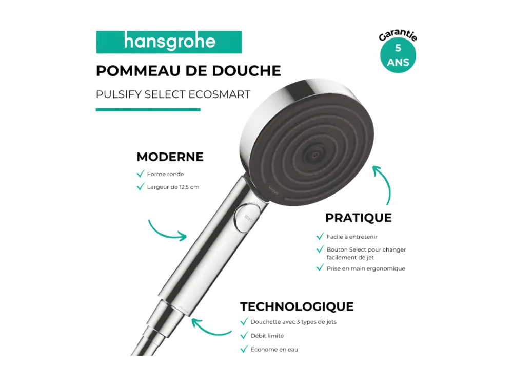 Pommeau de douche HANSGROHE Pulsify Select EcoSmart 105 3 jets relaxation + élastique HANSGROHE Designflex 160 cm chromé