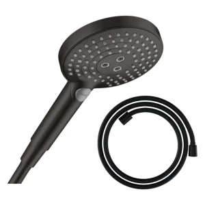 Pommeau de douche HANSGROHE Raindance Select S EcoSmart 120 3 jets noir mat + élastique de douche HANSGROHE Designflex 125...