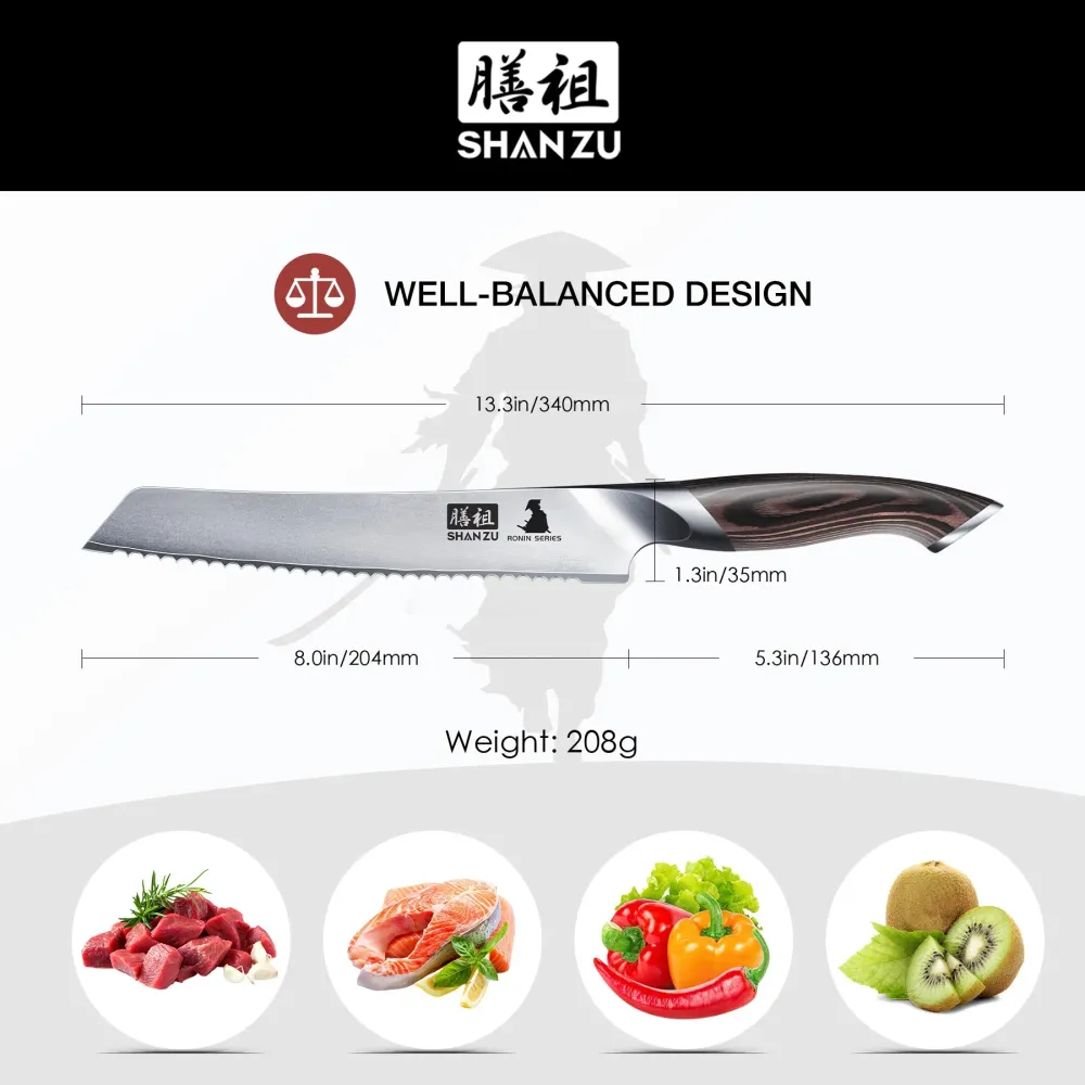 SHAN ZU Ronin | Brotmesser 8" + Magnetischer Messerhalter