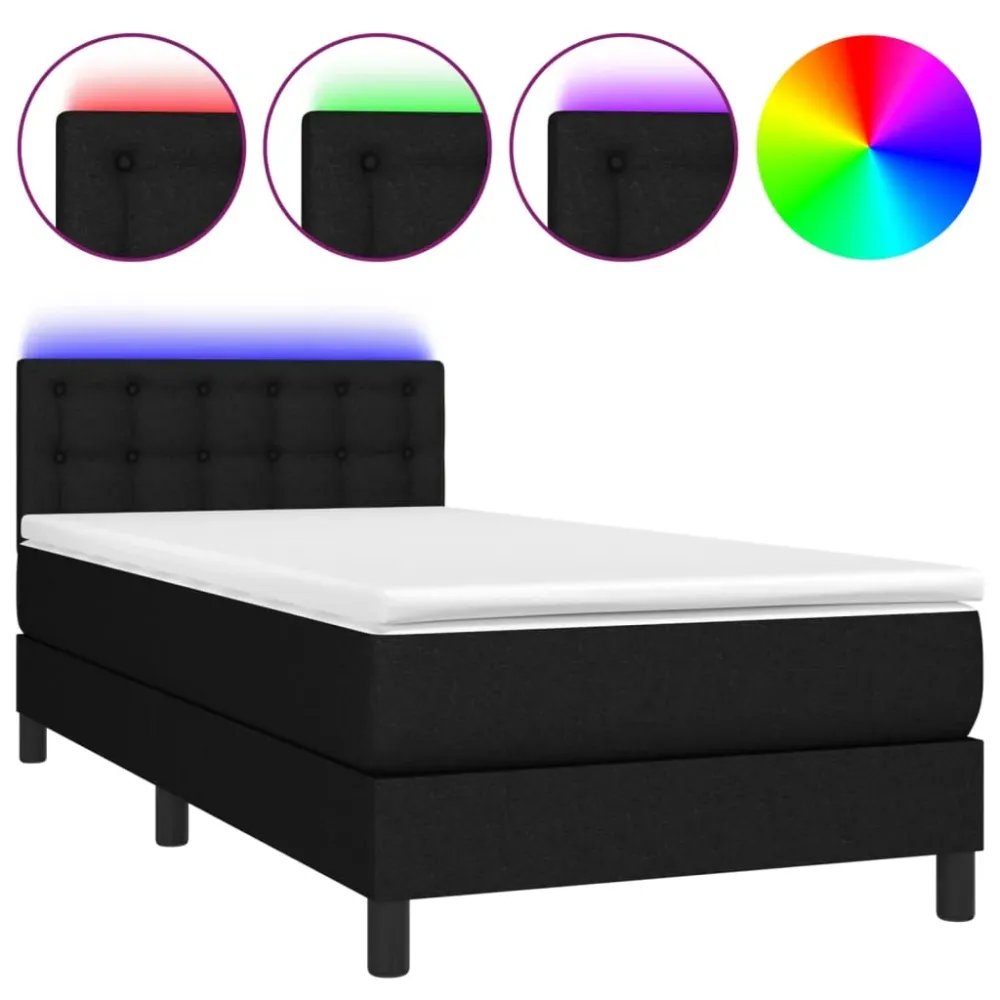 Cadre de lit LED avec sommier tête de lit matelas 90x190 cm tissu noir TDL0209061 en multicolore