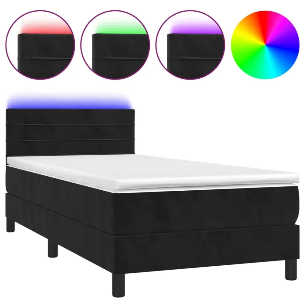 Cadre de lit LED avec sommier tête de lit matelas 90x190 cm tissu velours noir TDL0209041 Style industriel