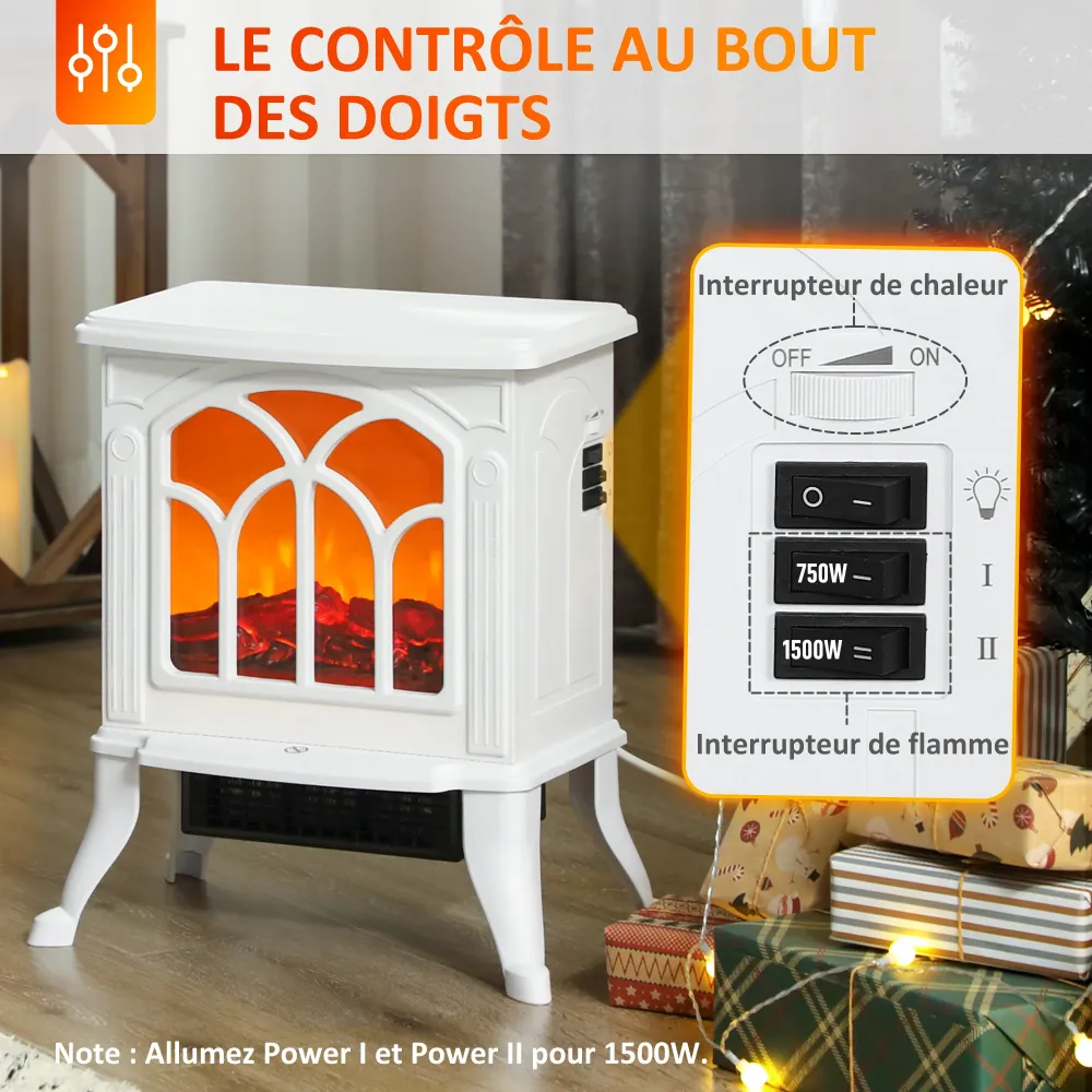 Cheminée électrique sur pied 750/1500 W, fausse cheminée décorative avec effet flamme LED, protection contre la surchauffe...