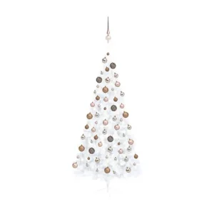 Demi-arbre de Noël artificiel avec LED et boules Blanc 210 cm avec base en bois